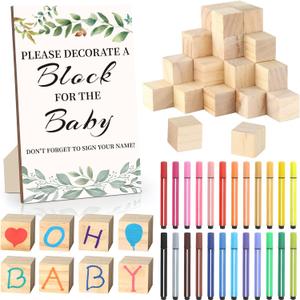 Baby Shower Games Sign Kit with 50 Blank Wooden Baby Blocks, 24 Acrylic Paint Marker and Wooden Sign, Blocks for Baby Shower, Gender Reveals Party(Green)