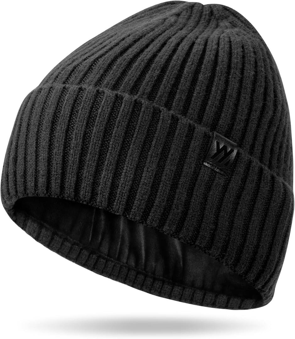 Winter Beanie Hat for Men & Women, Fleece Lined Thermal Knit Hat Ski Beanie Skull Cap Cuffed Cap for Cold Weather (One Size, Black)