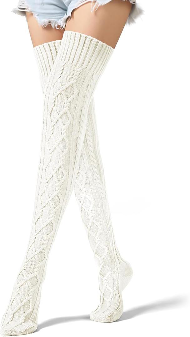 VIBILIA Thigh High Socks Cable Knit Winter Boot Socks Over the Knee Extra Long Non-Slip Leg Warmers for women (White)