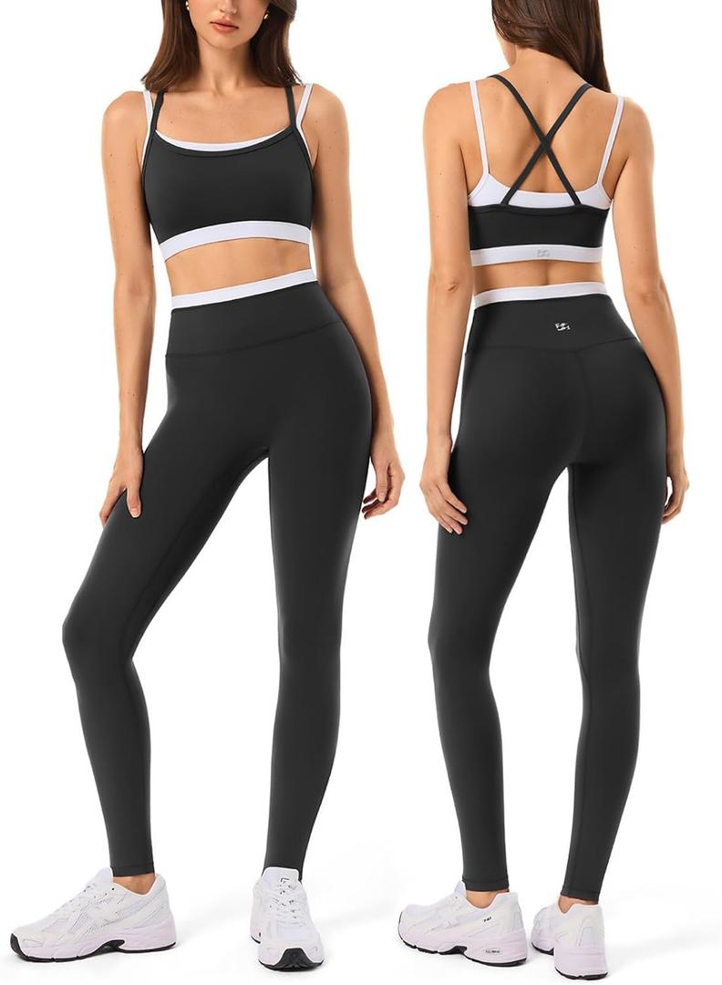 2 Pieces Workout Sets for Women,Seamless Yoga Leggings with Padded Sports Bras,Athletic Matching Outfits,Gym,Casual, Blk001, Medium