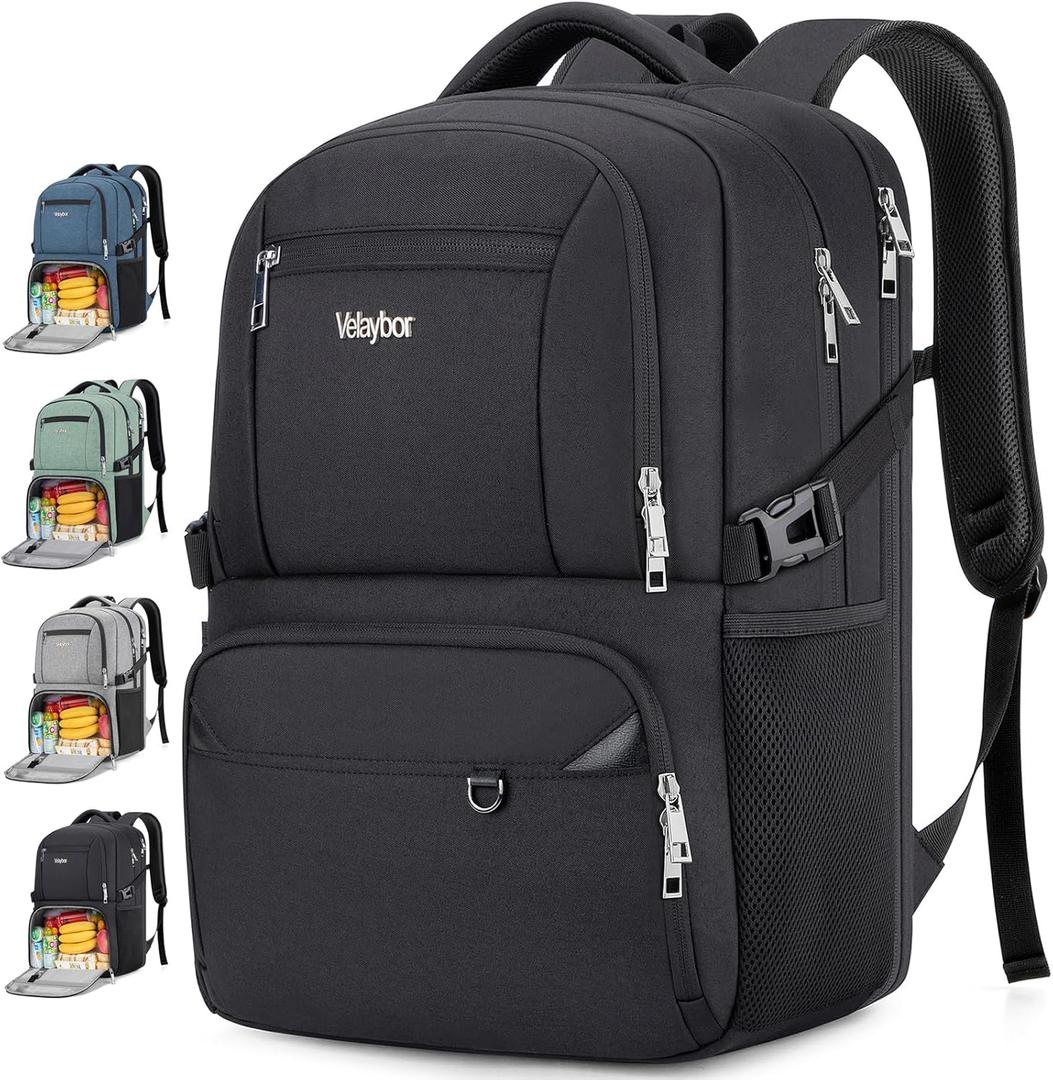 Insulated Lunch Backpack Fit 17" Laptop, Work Backpack with Lunch Box & USB Charging Port for Men & Women, Water Resistant College Computer Bag for Travel, Business, Hiking (Black)