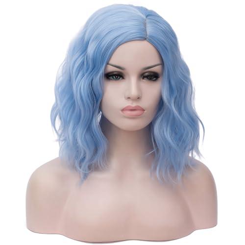 BERON Blue Wigs for Women Girls Short Curly Wavy Hair Wig Light Blue Colored Halloween Cosplay Daily Party Wigs