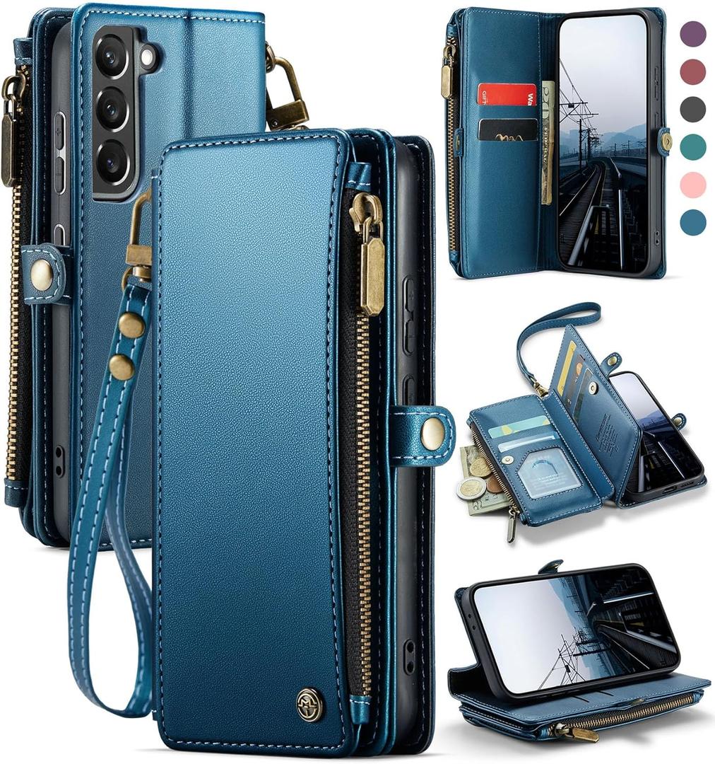 Defencase Compatible with Samsung Galaxy S21 5G Case Wallet with RFID Blocking Card Holder for Women Men, PU Leather Magnetic Snap Flip Zipper Strap Wallet Phone Case Fit for Galaxy S21 5G 6.2", Blue (Elegant Dark Blue)