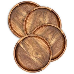 Acacia Wood Round Dinner Plates 6 Inch - Serving Tray & Platters for Home Decor, Food, Vegetables, Fruit, Charcuterie, Appetizer (Set of 4 Wooden Charger)