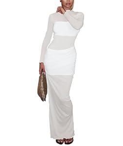 Ekaliy Women's Sexy Mesh Bodycon Dress Long Sleeve See Through Bodycon Ruched Midi Dress Party Cocktail Dresses (White, Large)
