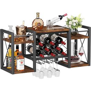 Wall Mounted Wine Rack with Glass Holder, Wood-Metal Retro Bar Shelf, Wine Bottles Display Wall Storage for Kitchen Dining Room Home Bar (31.5 inch, Vintage)