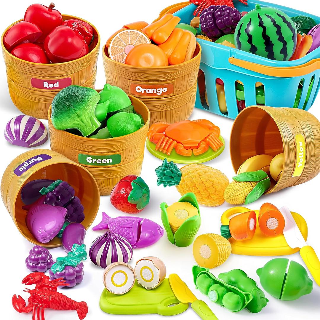 JOYIN Educational Toys Play Food Set for Toddlers, Cutting Food for Preschool Activities, Play Kitchen Accessories, Learning Toys, Color Sorting Set for Boys & Girls, Gifts for Christmas