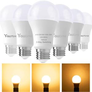 Youtime 3 Way Light Bulbs 30 70 100 Watt Equivalent Soft White, LED A19 6/10/15W Energy Saving Three Way Light Bulbs Perfect for Home Lighting,6Pack