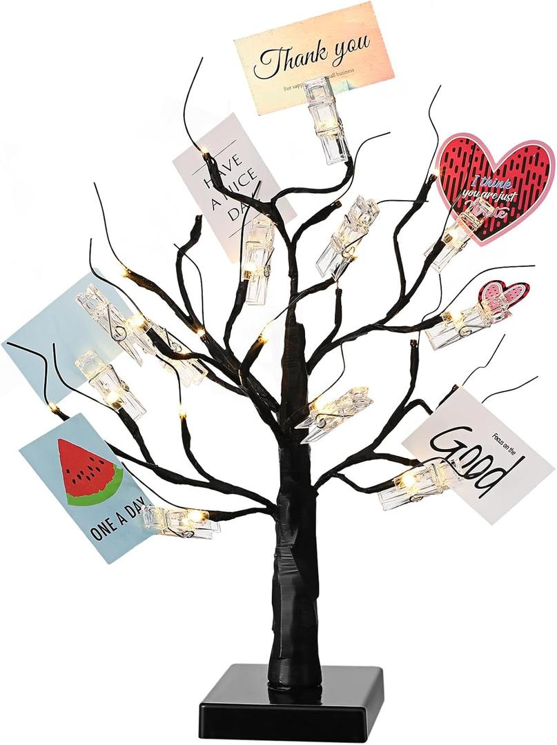 Mudder Valentine's Day Lighted Tree Wedding Gift Cards Tree Money Card Holder with 12 Clips LED Lighted Tips for Galentines 4th of July Graduation Birthday Home(Fresh Style,Black, Warm White)