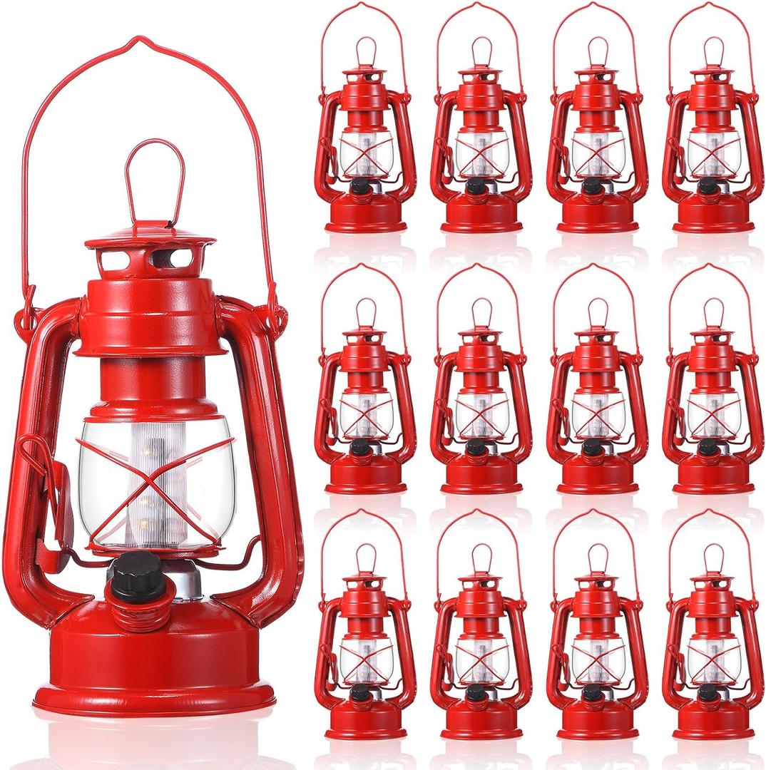 Hortsun 12 Pcs 8 Inch Vintage LED Hurricane Lantern Metal Red Outdoor Battery Operated Hanging Lantern with Warm LEDs and Dimmer Switch for Halloween Christmas Indoor Rustic Farmhouse Camping Decor