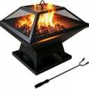 19.8" Square Outdoor Fire Pit Table with Fire Poker & Mesh Lid, Metal Wood Burning Stove, Brazier Patio Outside Heating for Backyard Log Burning Camping