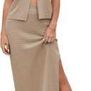 Pink Queen Women's Summer 2 Piece Outfit Set V Neck Button Crop Tank Top Vest Bodycon Maxi Long Skirt Waffle Knit Dress (Khaki, Small)
