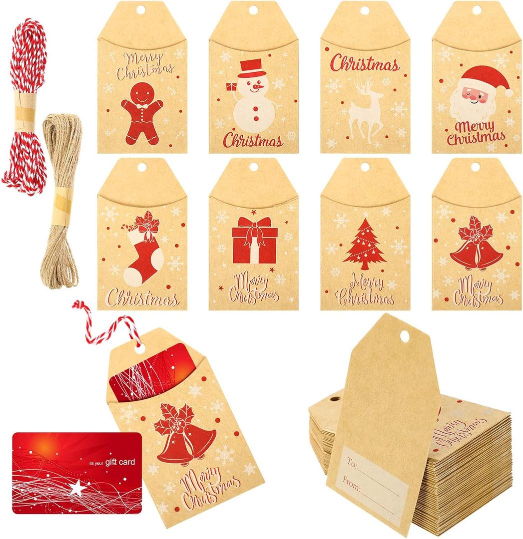 200 Pack Christmas Card Gift Holder Tags Brown Kraft Paper Gift Tags with String for DIY Holiday Christmas Xmas Wrapping Name Card, 8 Designs