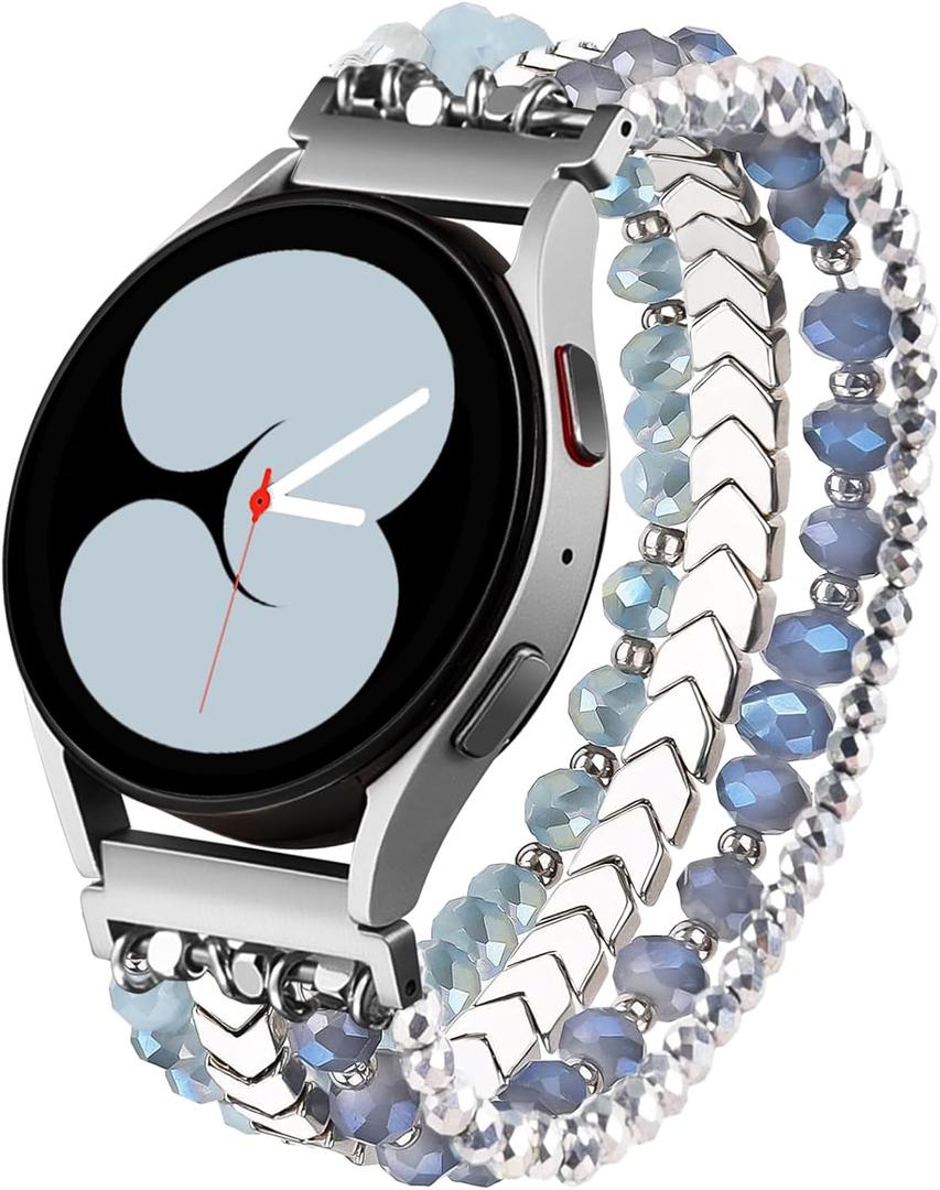 Lerobo Beaded Bracelet Band Compatible with Galaxy Watch 7/6/5/4/Active 2 40mm 44mm/Watch 4 Classic 42mm 46mm/6 Classic 43mm 47mm/5 Pro 45mm, Women Girl 20mm Handmade Fashion Stretchy Watch Band (Medium, Bluesilver)