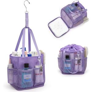 Mesh Shower Caddy Portable for College Dorm Room Essentials, Shower Tote Bag with Hanging Hook and Drawstring, Quick Dry Toiletry Bag with 6 Pockets for Bathroom, Swimming, Gym, Camping, Beach, Travel (Medium, 03-Purple)