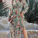 BLENCOT Womens Casual Boho Floral Printed V Neck Long Sleeve Long Maxi Dress Spring Summer Dresses (XL)