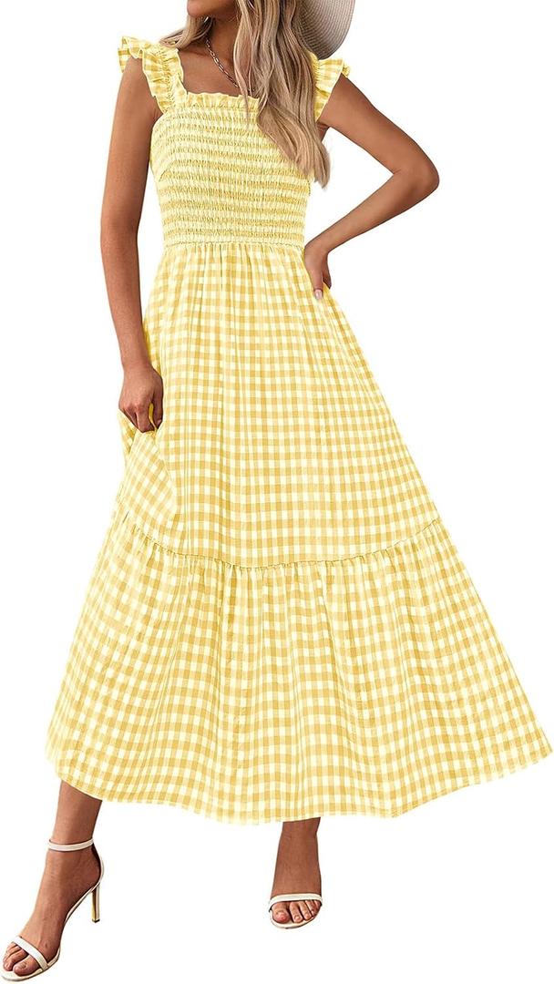 PRETTYGARDEN Womens Summer Dress Casual Square Neck Ruffle Strap Gingham Smocked Midi Flowy A Line Beach Vacation Sun Dresses (Yellow, XXL)