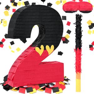 RoundFunny Number 2 Piata Black Red Piata First Birthday Party Supplies for Celebration for Boys Girls Fun Yellow Heart Black and Red Themed Party Decor 14.9 X 11 X 2.8 Inches