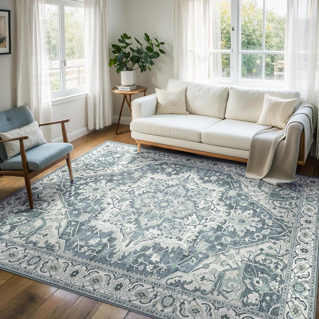 Deerly Boho Tribal Area Rug 5x7 Vintage Rug Bohemian Washable Large Living Room Rugs for Bedroom Non Slip Low Pile 5x7 Rug for Kitchen Entryway Bathroom Bedroom Dining Room Office, Canal Blue (5'x7')