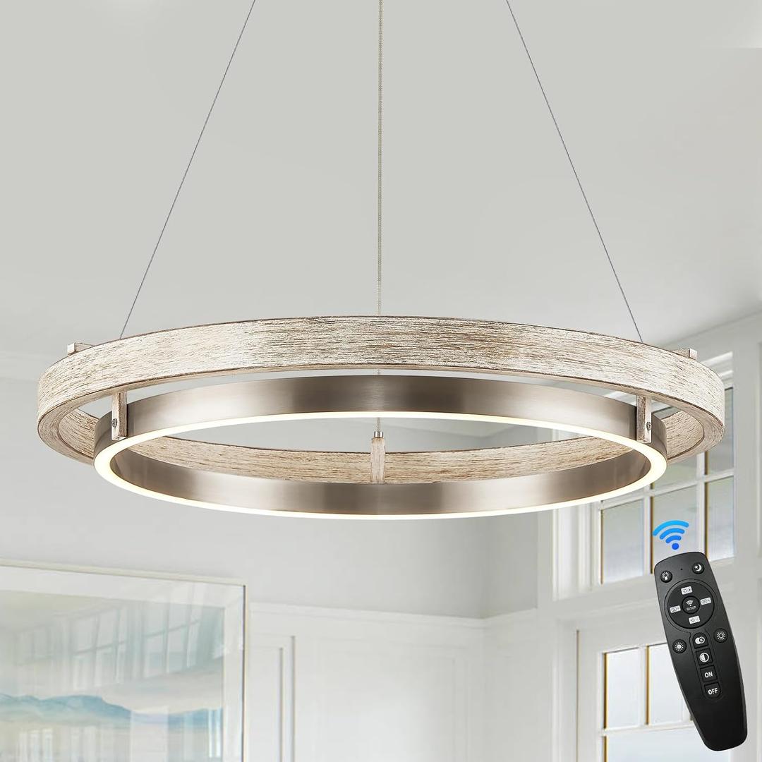 LED Ring Chandelier Weathered Wood Nickel Chandelier Dimmable Round Foyer Chandeliers Light Farmhouse Circular Chandeliers for Dining Room Entry Bedroom Office Living Room, 24in