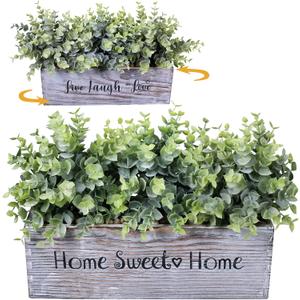 1 Pcs Wooden Potted Eucalyptus Plant Greenery Arrangement Artificial Eucalyptus Plant in Rectangular Wood Planter Box for Rustic Farmhouse Indoor Centerpiece Tabletop Window Sills Kitchen Shelf Decor