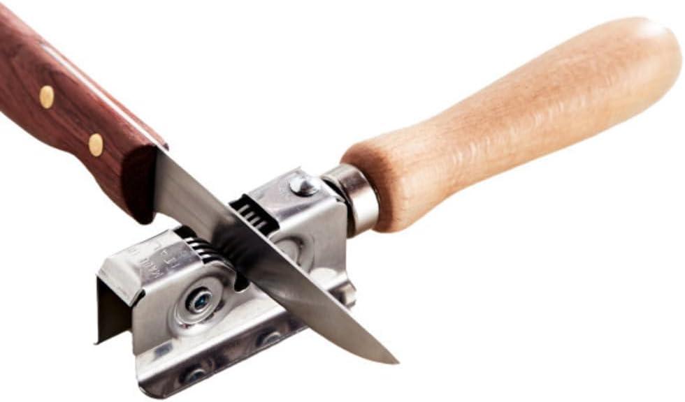 Knife Sharpener - Handheld Manual Sharpening Tool for Fixed Blades, Pocketknives, and Kitchen Knives - Blade Sharpener with Rotating Steel Wheel Sharpening Discs and Beech Handle by Kings County Tools
