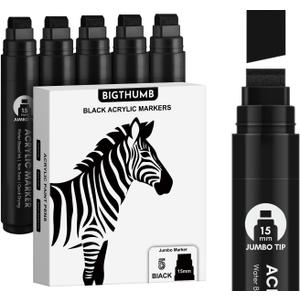 BIGTHUMB Black Poster Markers Jumbo: 5 Pcs 15mm Wide Tip Thick Acrylic Paint Pen Large Permanent Calligraphy Markers for Rock Painting, Stone, Poster, Canvas, Glass, Wood, Ceramic