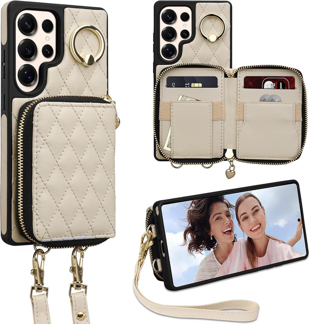 Keallce Case for Samsung Galaxy S25 Ultra 6.9'' Wallet Case,Crossbody Zipper Galaxy S25 Ultra Purse Wrist Strap Lanyard Handbag,RFID Blocking Card Slots,Flip Leather Cover for Samsung S25 Ultra,Beige