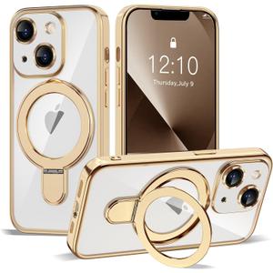 Compatible with iPhone 13 Case with Invisible Magnetic Ring Stand [Compatible with Mag-Safe] [Full Camera Lens Protector] Plating Clear Phone Case for iPhone 13 6.1", Gold