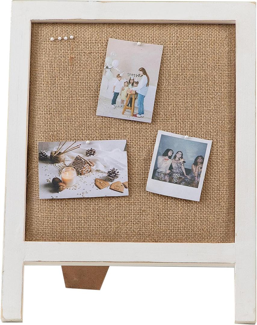SOFE Small Bulletin Board for Desk, 12"15" Linen Pin Board with White Wood Frame, Cute Message Memo Board with Stand Freestanding, Rustic Vision Picture Board for Home Office School