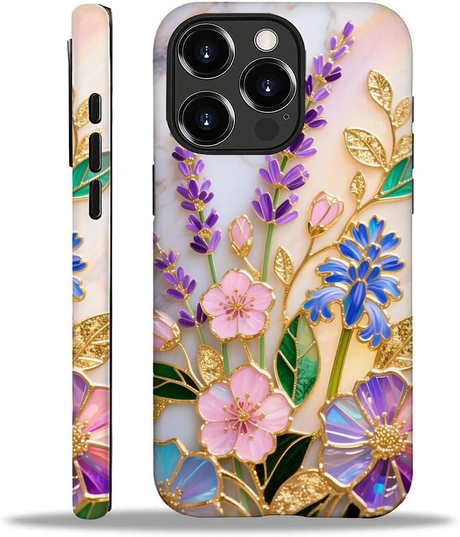 CARLOCA for iPhone 15 Pro Compatible with Magsafe Full Body Protective Glossy Case, for Girl Boy Shockproof Magnetic Charge Esthetics Pattern Golden Lavender Flowers White Marble Stained Glass