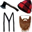 4 Pieces Lumberjack Costume Halloween Men Women Lumberjack Accessories Include Hat Beard Suspender Foam Axe for Halloween Costume Cosplay Party