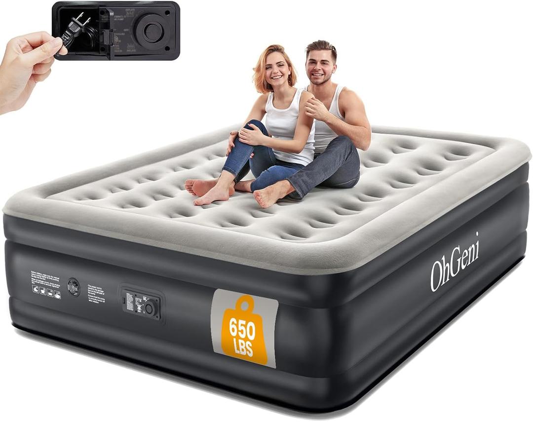 OhGeni Queen Air Mattress with Built in Pump, 18 Raised Comfort Inflatable Mattress, Quiet Surface Portable Blow Up Mattress, Air Bed for Home and Guest, Colchone Inflable, 650 lbs Max (Black)