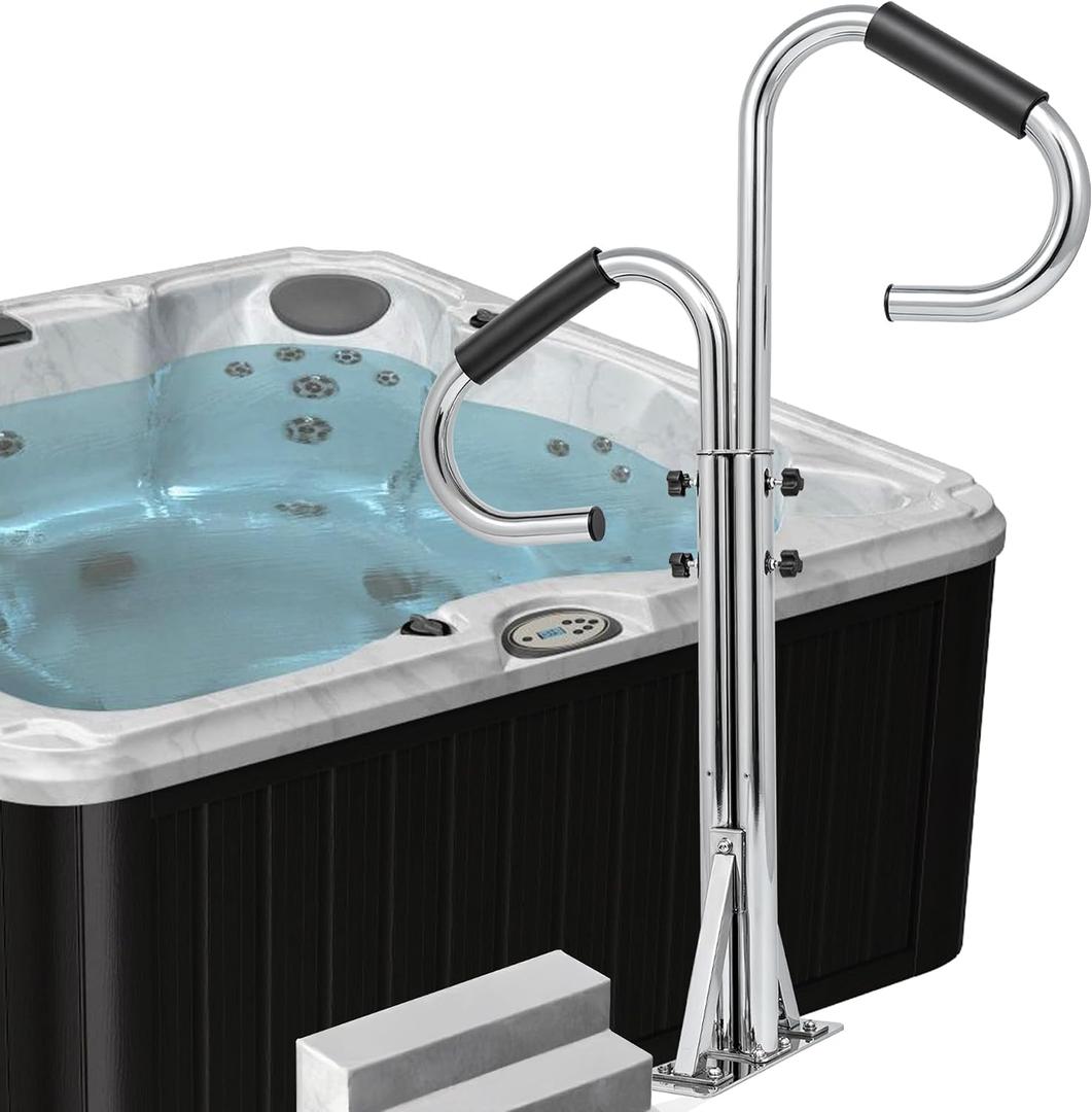 Two-Way Stainless Steel Hot Tub Handrail with 360 Handrail Rotation, Waterproof Sponge Handle, Upgraded Detachable Base, Adjustable Height 43-53In, 600-pound SPA Side Handrails for Indoor&Outdoor