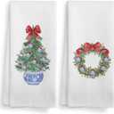 2 x Chinoiserie Christmas Bow Tree Kitchen Towels and Dishcloths Set of 2, Red Bow Hand Towels, Preppy Christmas Wreath Drying Cloth Hand Towels Tea Towels for Bathroom Kitchen, 1624 Inches