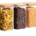 ComSaf 1.4 Qt Glass Storage Containers with Lids, Glass Jars with Lids, Clear Food Storage Jar, Square Canister Set of 3, Pantry Organizers and Storage for Flour Oat Pasta Tea Cookie Coffee Bean
