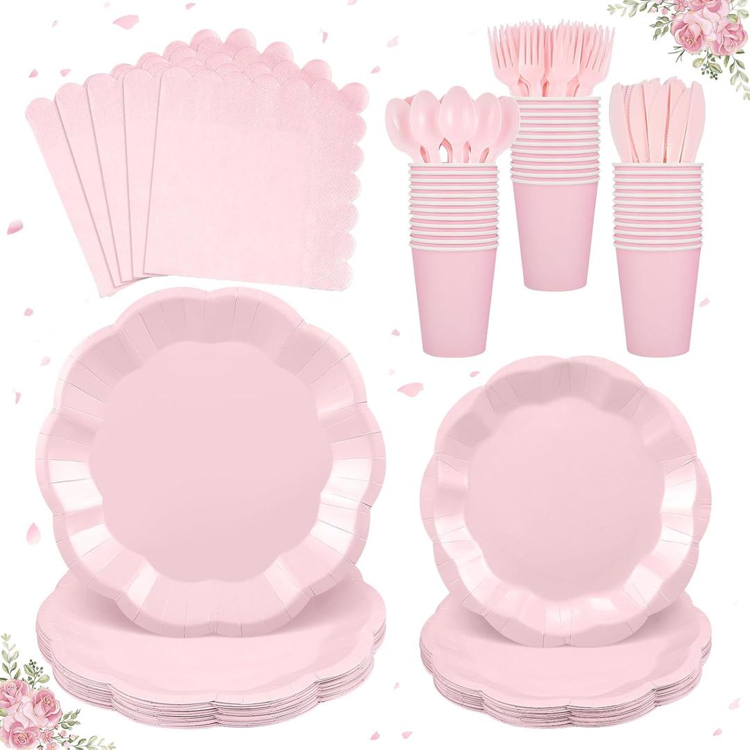 175 Pcs Pink Paper Plates and Napkins Set Include 9" Mothers Day Plates, 7" Dessert Plate Disposable Scalloped Tableware Serve 25 Guest for Wedding Baby Shower Bridal Shower Birthday Mother's Day