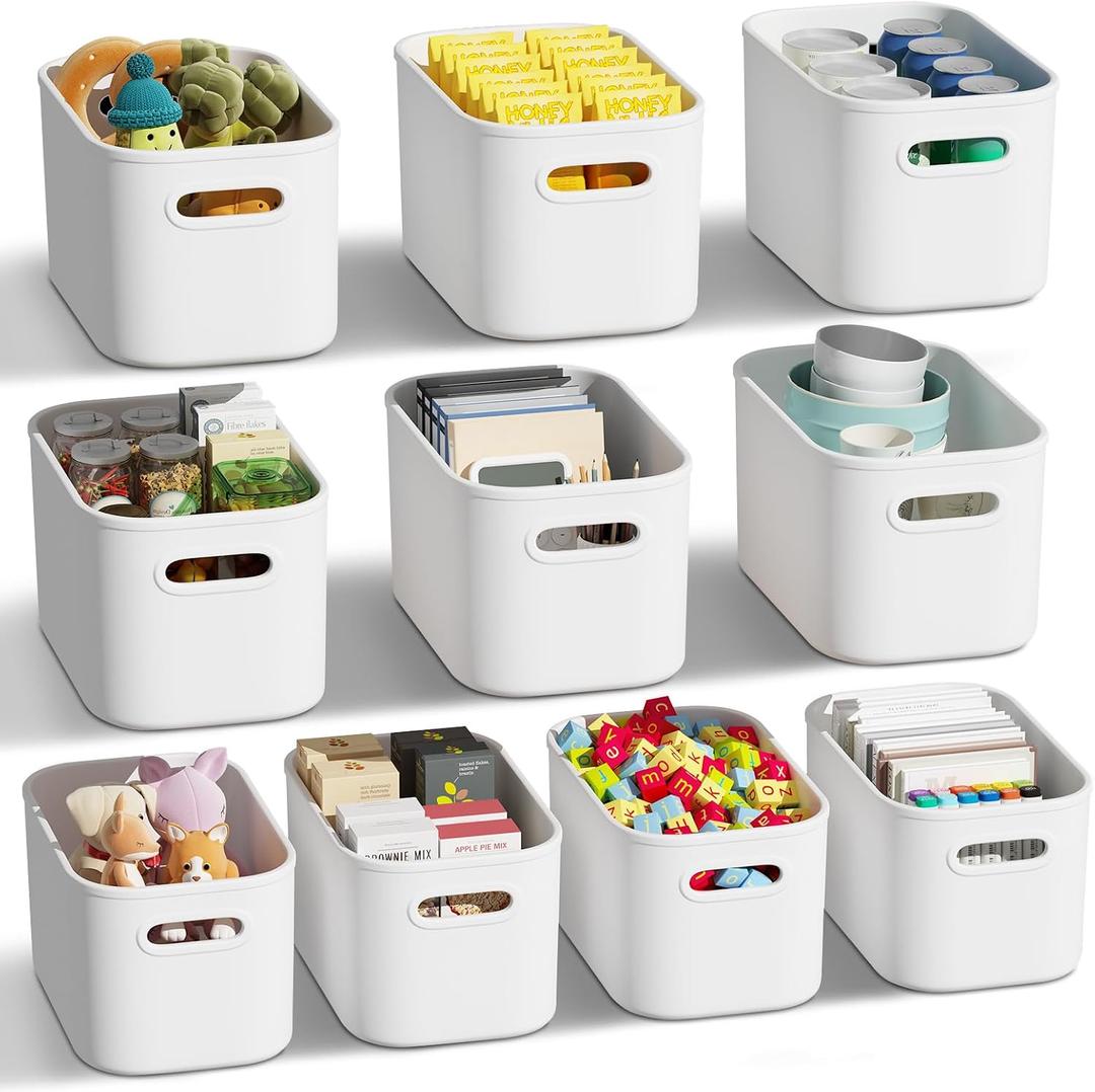 ORGIDOL 10 Pack White Plastic Storage Bins, Storage Container for Organizing, Storage Boxes with Handle for Shelves, Cute Organizer Bins for Craft, Snacks, Pantry, Cabinet, 9.69x6.7x5.7 inch
