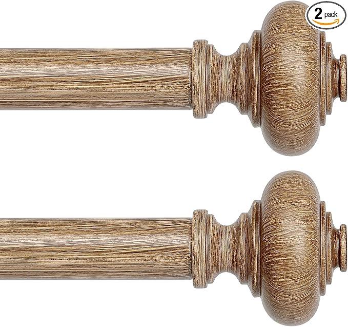 2 Pack Wood Curtain Rods for Windows 30 to 56 Inch, 1 Inch Boho Decorative Vintage Drapery Rod with Faux Wooden Grain Finial, Adjustable Heavy Duty Rustic Farmhouse Spliced Metal Curtain Pole