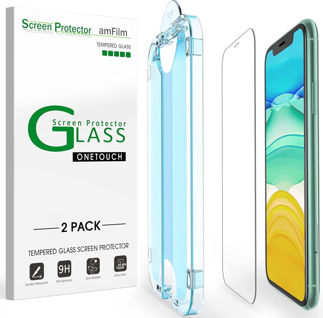 amFilm OneTouch Glass Screen Protector for iPhone 11, iPhone XR (6.1") with Easy Installation Kit, Tempered Glass, 2 Pack