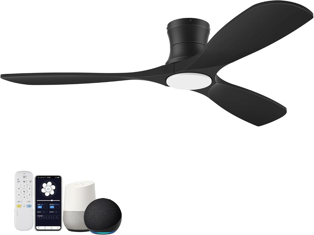 Hoenofly 52” Smart Wood Low Profile Ceiling Fan with Lights Remote,Quiet DC Motor,Outdoor Indoor Flush Mount Ceiling Fans Controlled by WIFI Alexa App,Modern Black for Bedroom Living Room Patio Porch