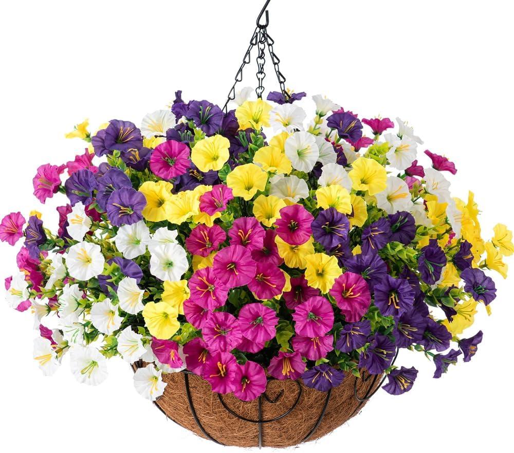 HyeFlora Artificial Hanging Flowers Faux Plants Basket for Outdoors Spring Decor, Fake Silk Morning Glory with Eucalyptus in Planter UV Resistant Outdoor Flowers for Outside Porch Patio Garden Home