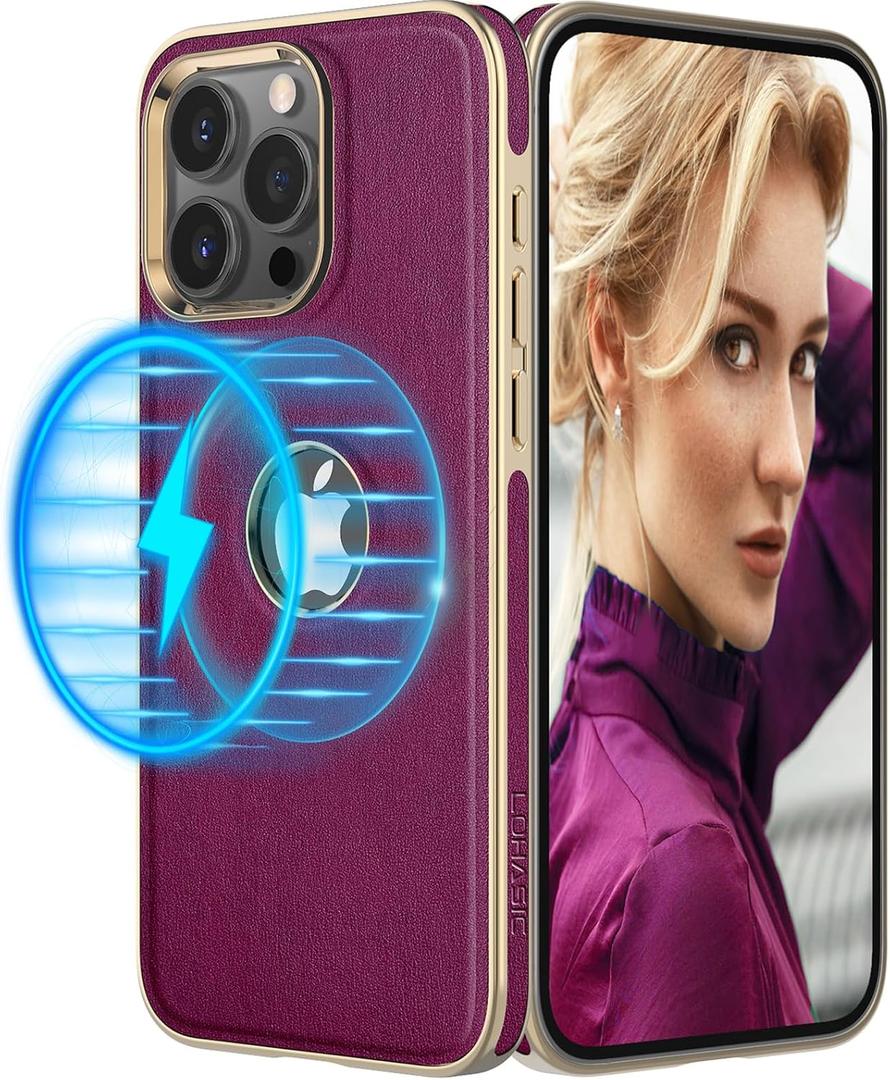 LOHASIC for iPhone 15 Pro Max Leather Case – Luxury Soft Elegant Aesthetic Magnetic Designer Phone Cover with Logo Cutout, Compatible with MagSafe Case for Women, Gold + Fuchsia/Purple
