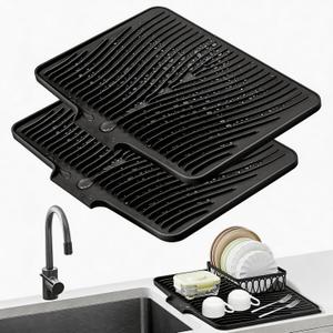 TIKNIK Silicone Dish Drying Mat, Stone Drying Mat for Kitchen Counter with Built-In Drain, Non-Slip Drain Pad with Built-in Drain, Heat Resistant Stone Drying Mat, Hangable, Black-2pcs, 20" x 15"