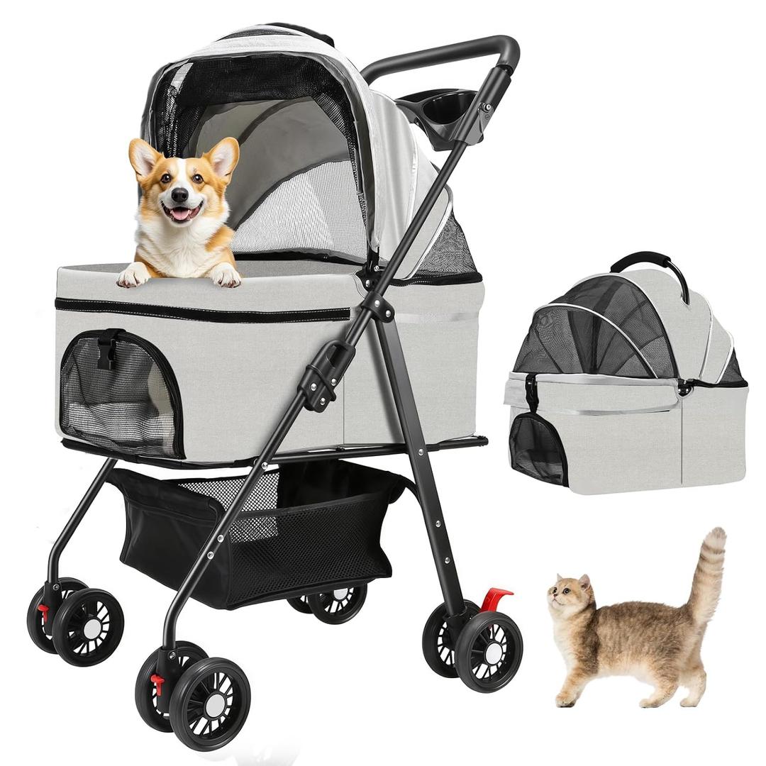 Pet Stroller for Small Dogs and Cats with 4 Wheels, 3 in 1 Foldable Dog Stroller with Detachable Carrier, Breathable Mesh, Storage Basket & Cup Holder, Up to 33 lbs