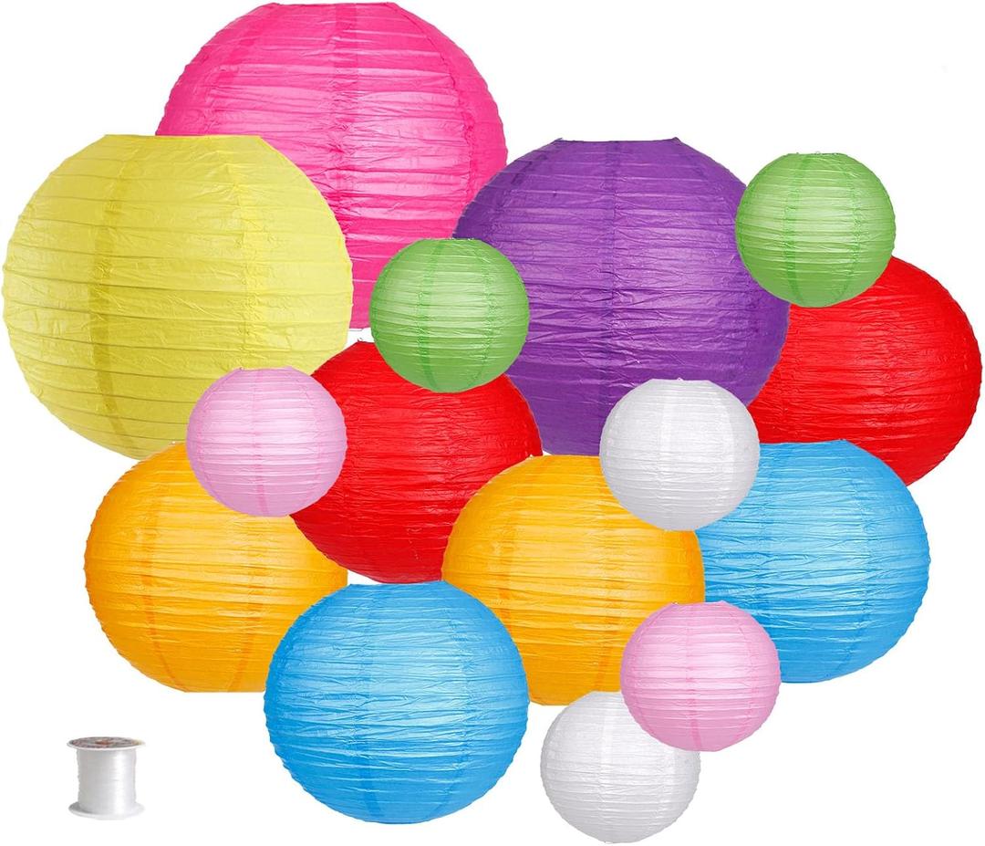 Paper Lanterns Decorative, Round Hanging Paper Lanterns for Wedding Rainbow Birthday Party Mexican Fiesta Decorations Colorful 15pcs