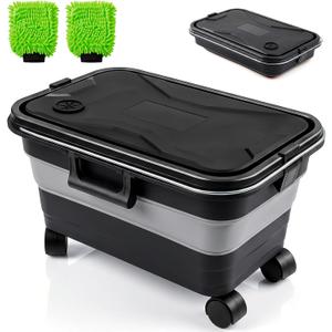 Maxdot Car Wash Bucket with Wheels Lid and Handle, 5.5 Gallon Collapsible Rolling Wash Bucket with 2 Microfiber Mitts for Car Cleaning, Camping, Rv & Pet Bathing