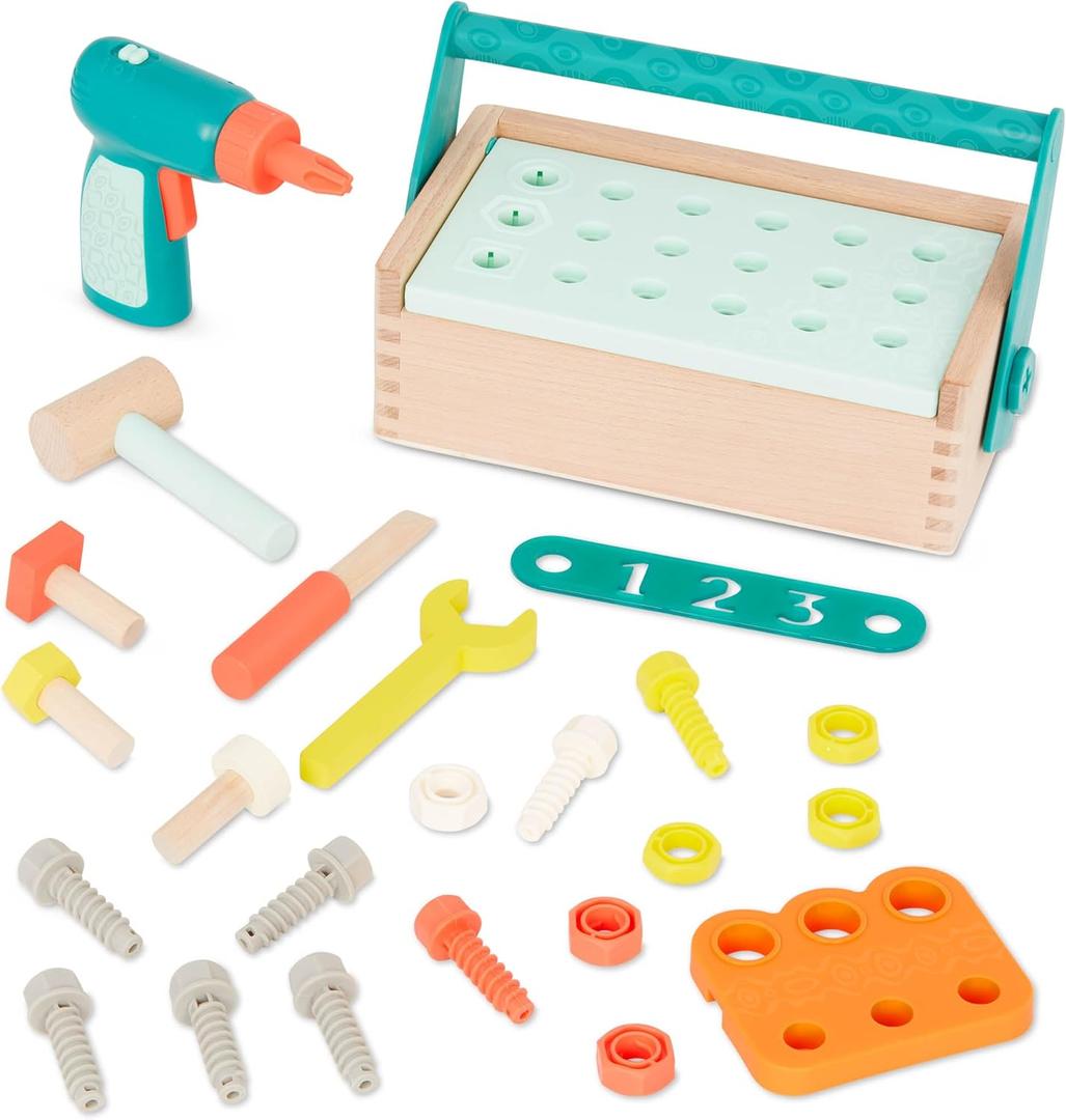 B. toys Fix n Play Kit Pretend Play Tool Box Wooden Toolbox & Accessories (25 Pieces) Carpenter Set for Kids Play Set with Drill, Hammer, Screwdriver & More 3+ Years