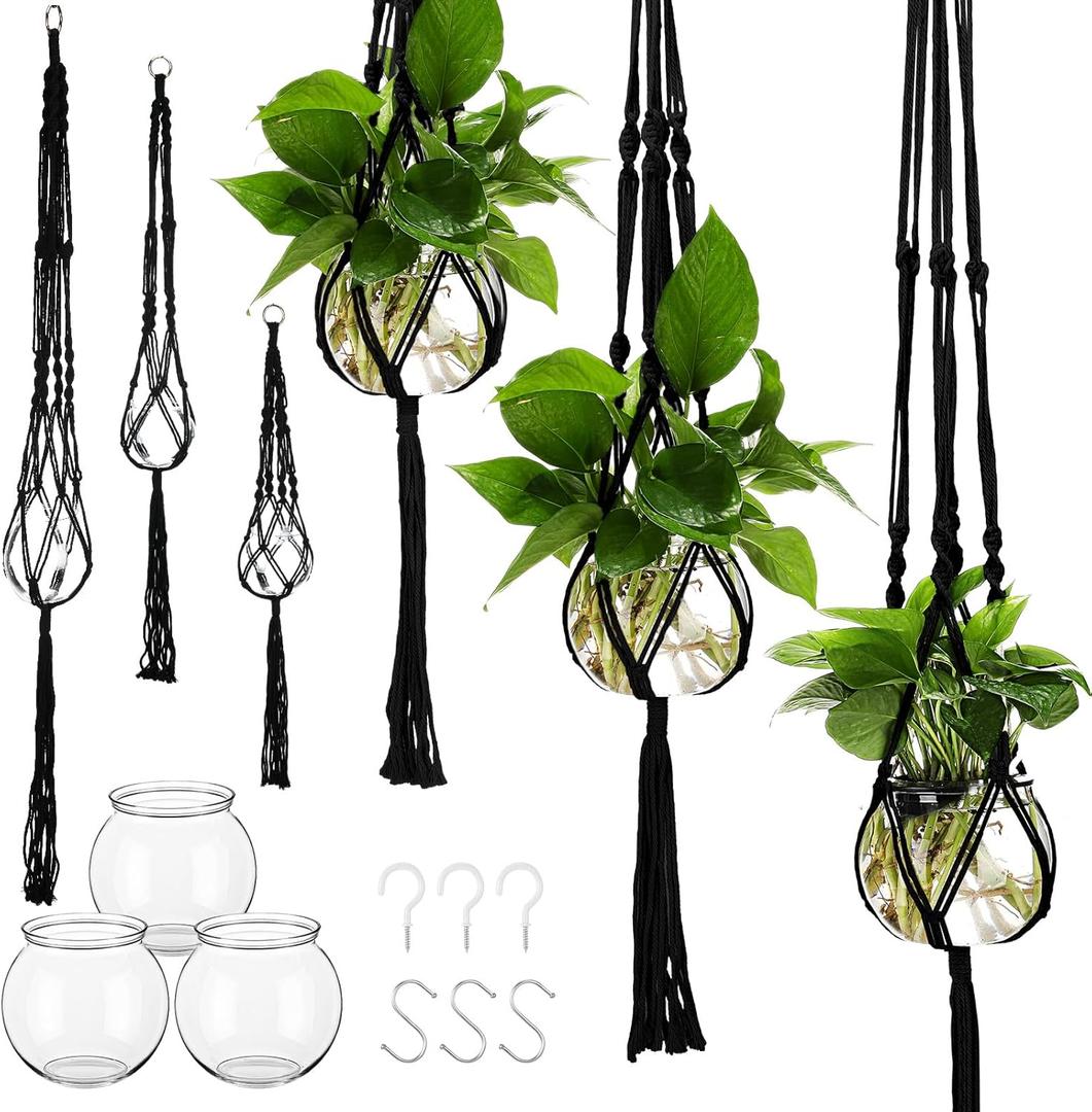 3 Pcs Plastic Plant Propagation with Boho Macrame Hanger Wall Plant Propagation Station Hanging Holder Include Hooks Kit for Indoor Home Garden Office Decor 3 Size (Black)