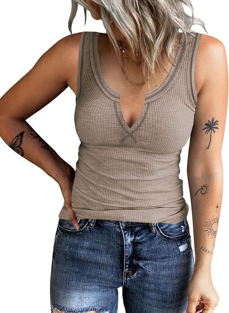 HERILIOS Women's Tank Tops Ribbed V Neck Sleeveless T Shirts Summer Slim Fitted Basic Tee Tops Crew Neck Cami Shirt M